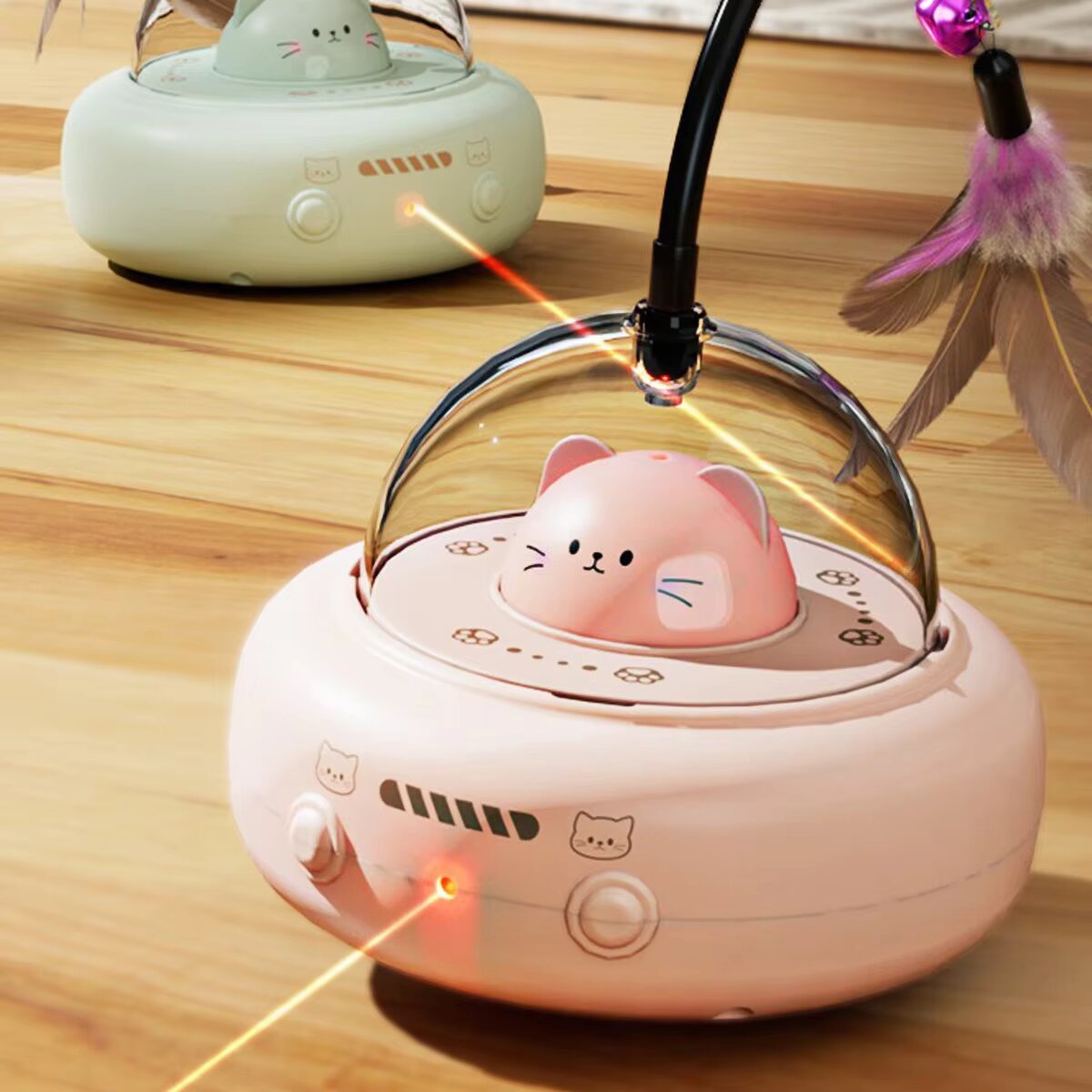 Laser Pointer Cat Toy Automatic - หุ่นยนต์ล่อแมวอัตโนมัติ 3-in-1 พร้อมแท่งขนนก, ตัวชี้เลเซอร์ และไฟตัดหมอก, ระบบหลบหลีกสิ่งกีดขวางอัจฉริยะ,